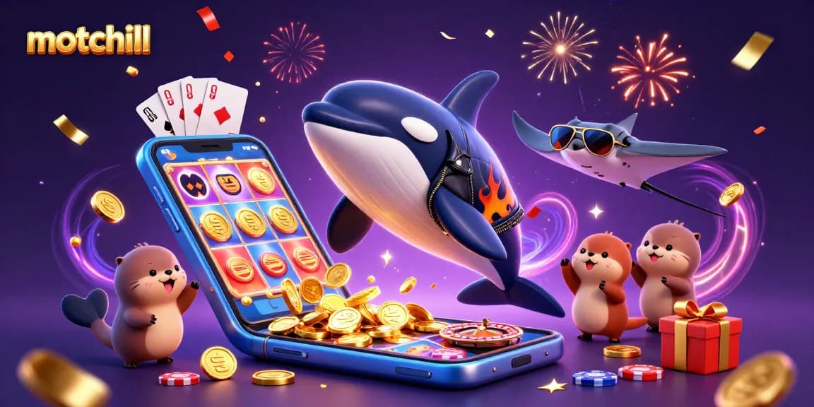 Motchill showcases thrilling slots with orca whale, stingray, and otters celebrating wins.