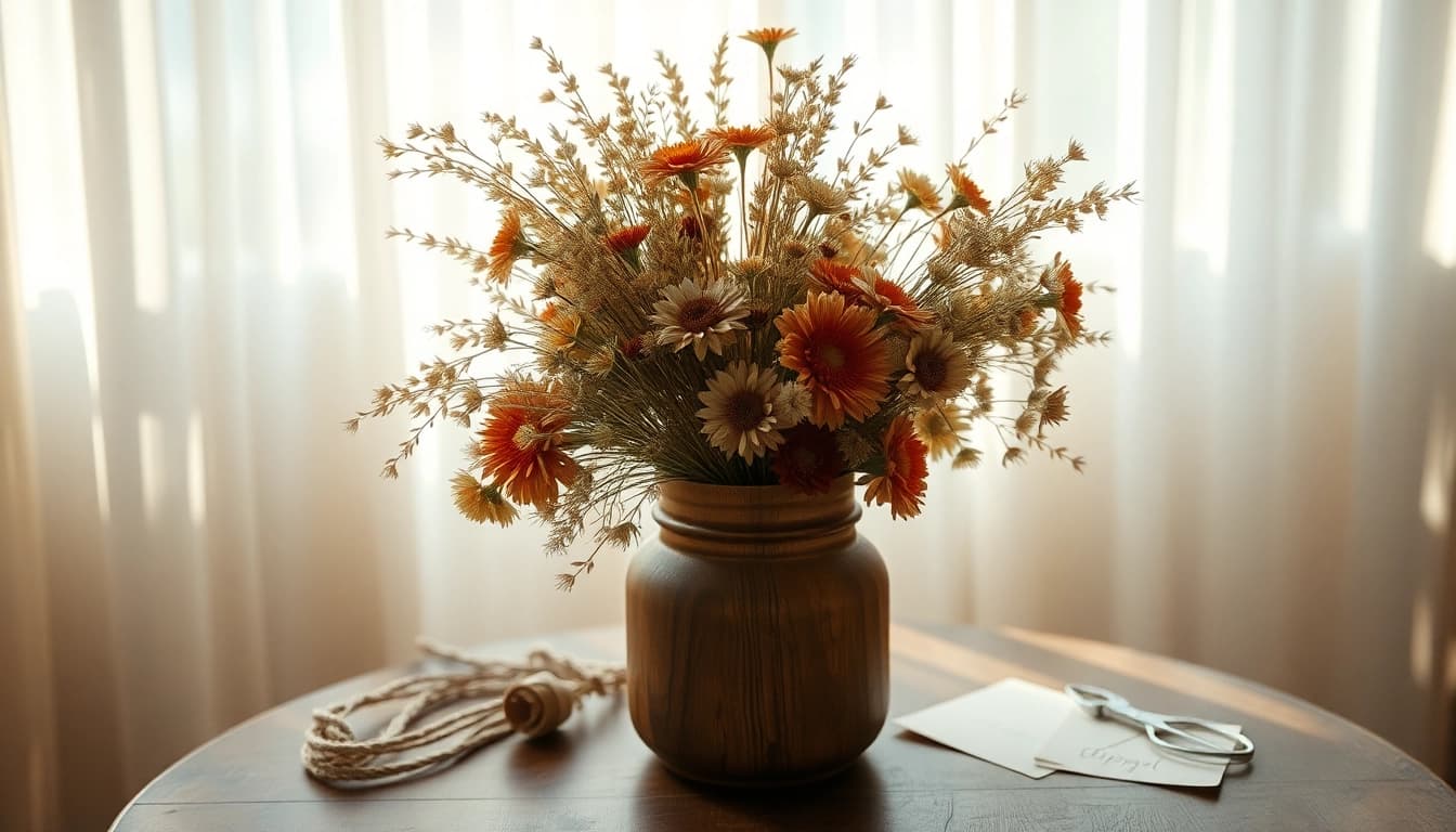 Beautiful bouquet of dried flowers in a rustic vase showcasing dried flowers textures and colors.
