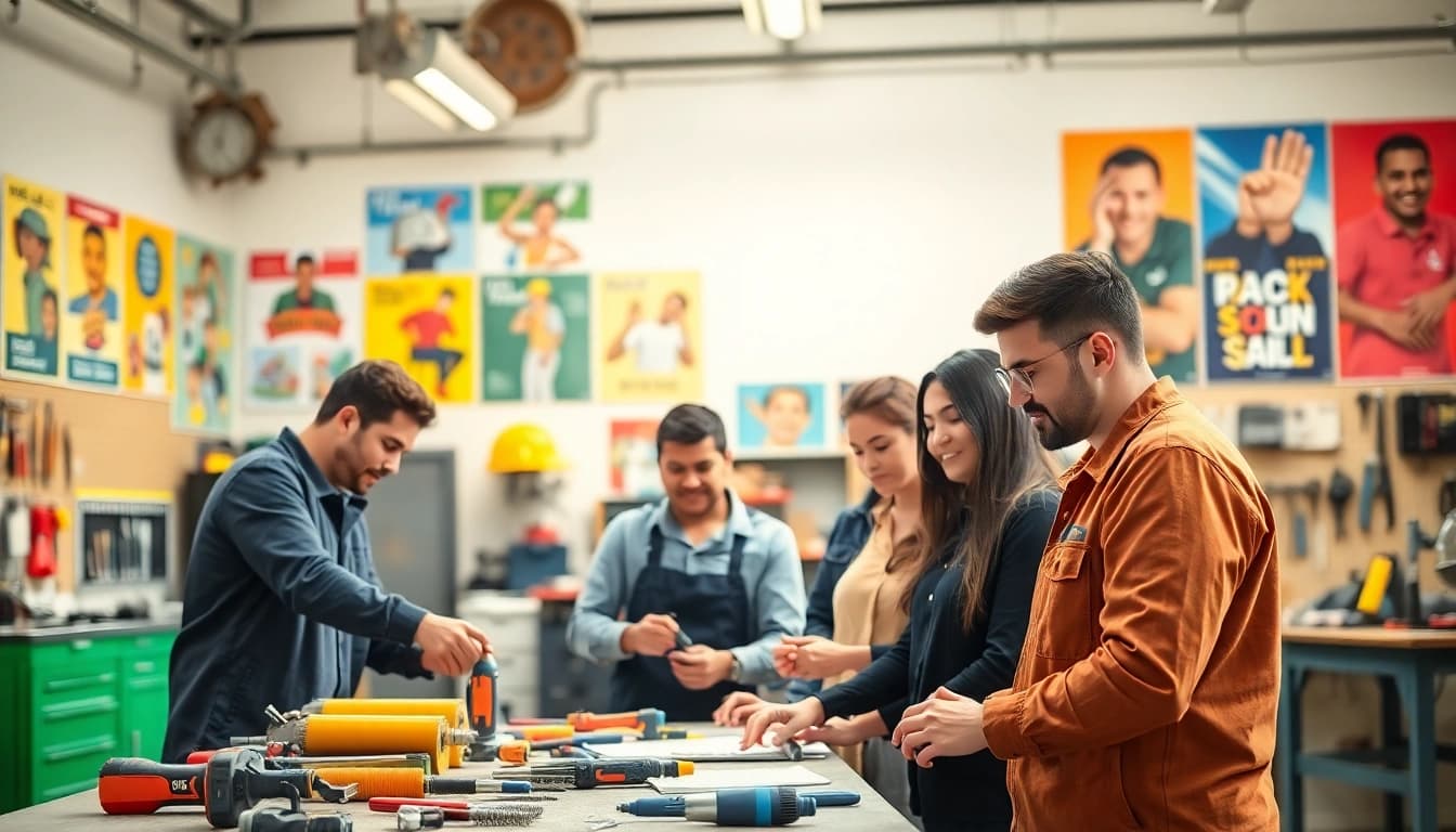 Enthusiastic students in trade schools in southern California working together in a dynamic learning environment.