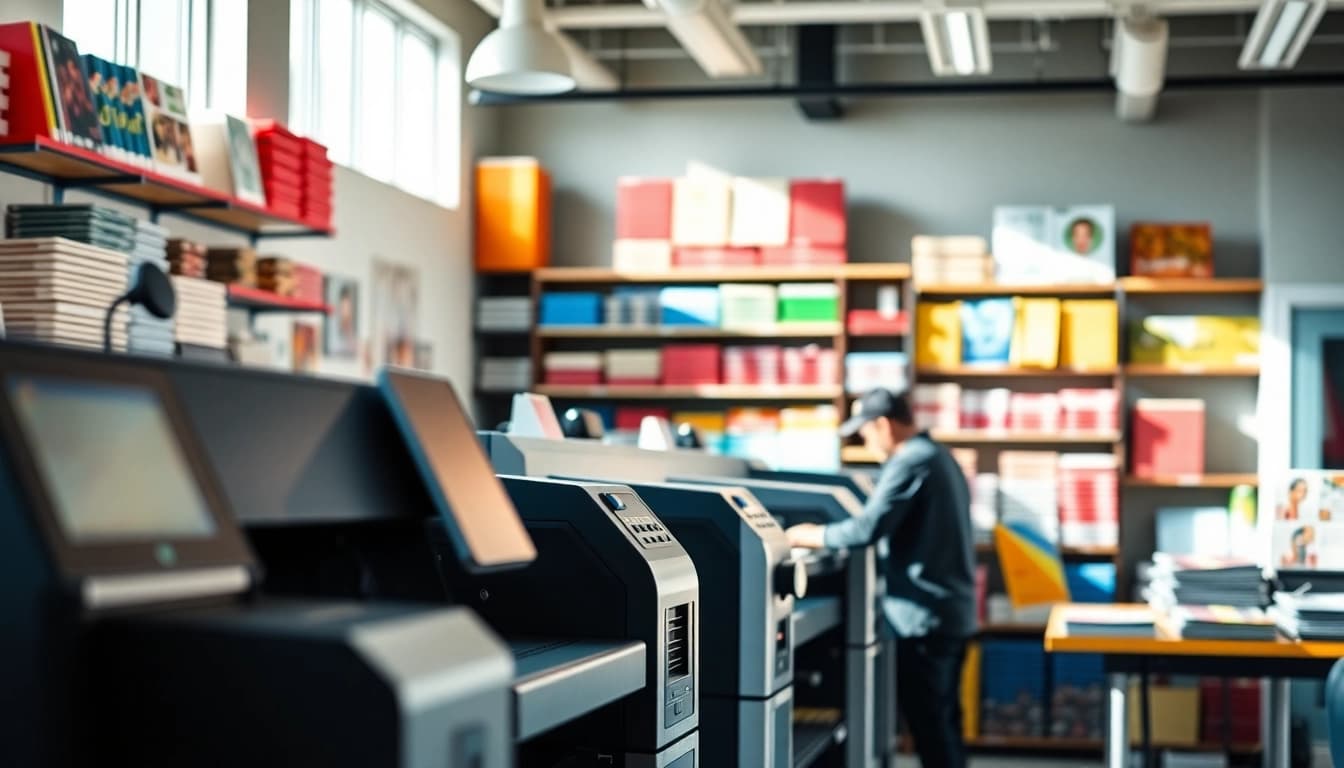 Budget printing Edmonton AB services with vibrant prints and a bustling workspace.