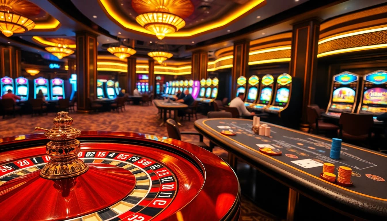 Experience excitement with DN88-themed casino tables and vibrant slot machines in a luxurious atmosphere.