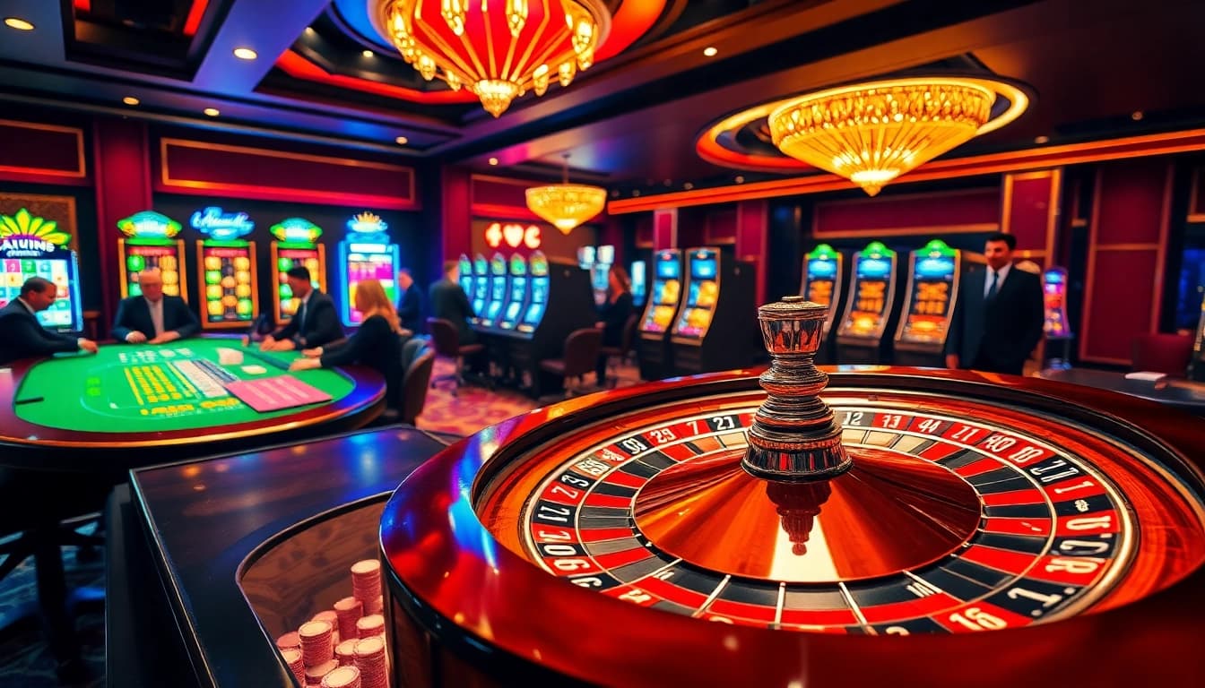 Excitation du casino en ligne avec des joueurs à une table de blackjack et des machines à sous vibrantes.