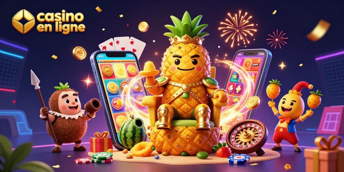 Jouez au casino en ligne avec le roi ananas et ses gardes sur une scène dynamique et festive.