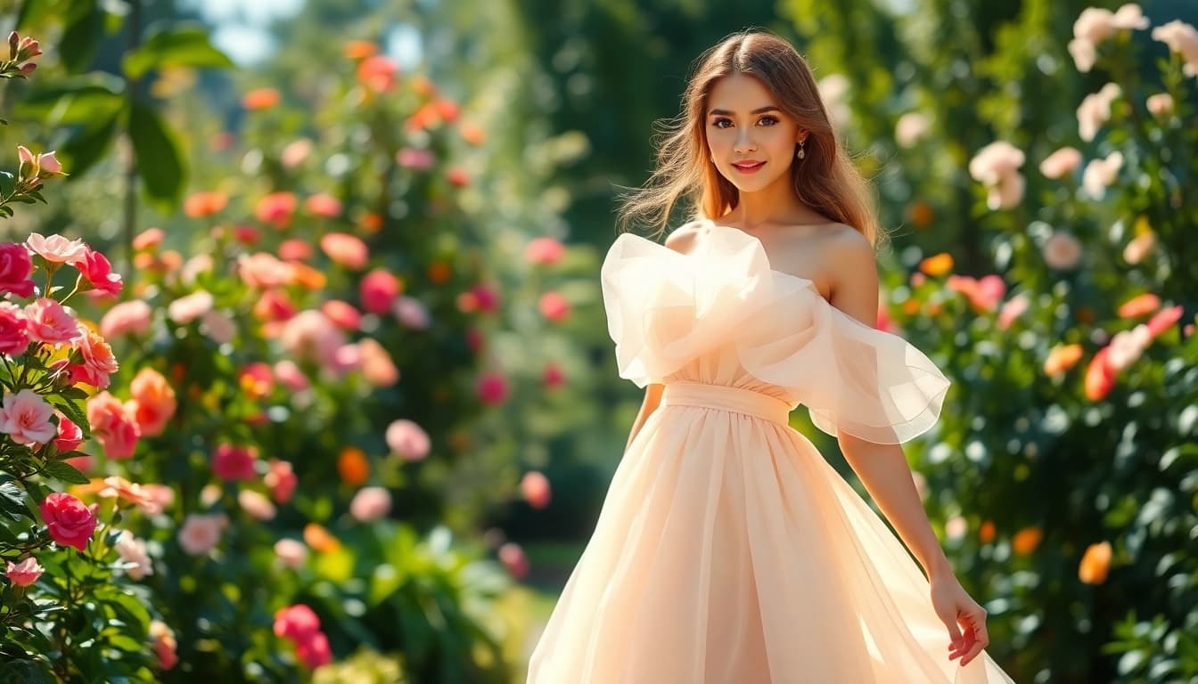 Model showcasing a stylish designer dress amidst blooming flowers in a bright garden setting.