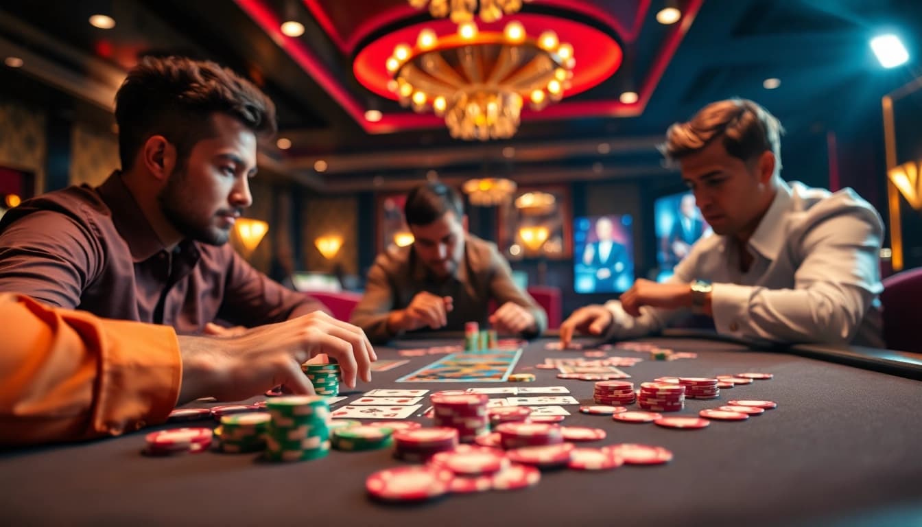 Menampilkan pemain yang terlibat dalam permainan qq8821 dengan suasana kasino mewah