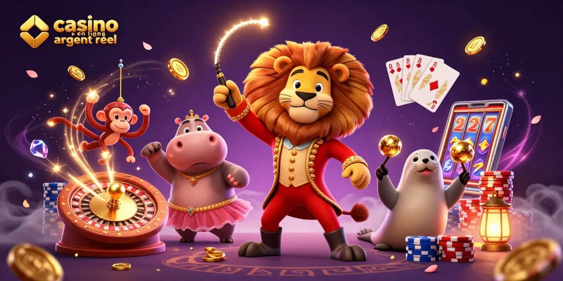 Jouer au casino en ligne argent réel avec une illustration 3D dynamique de personnages amusants et d'éléments de jeu.
