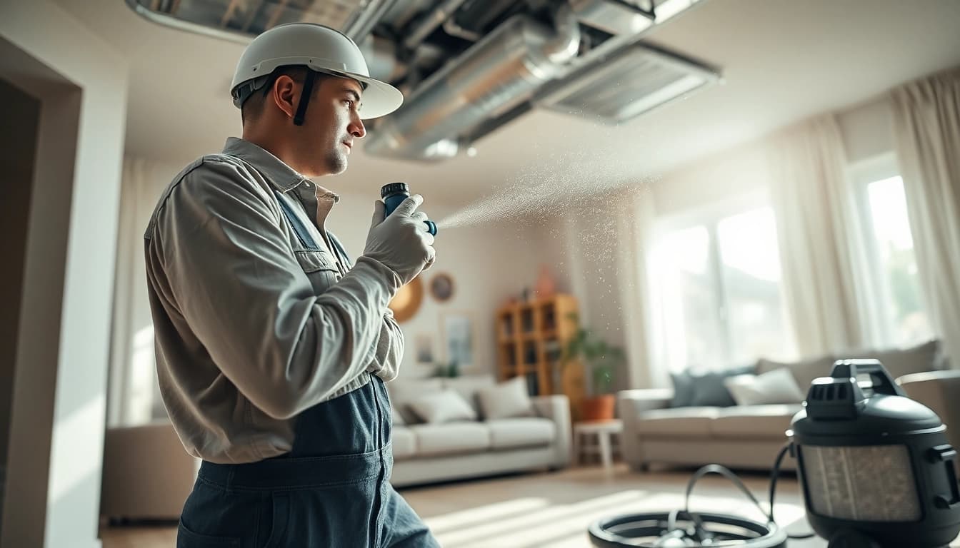Duct cleaning and HVAC inspection by a professional technician in a residential setting.