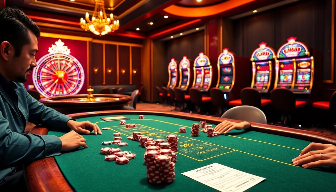 Experience the excitement at JUN88 with vibrant poker chips and a spinning roulette wheel.