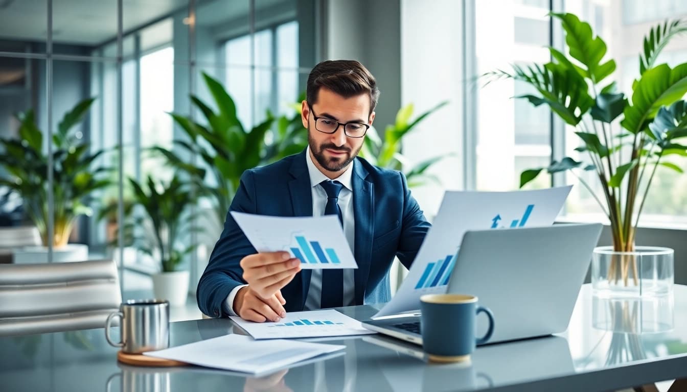 A businessman analyzes growth data while showcasing luxembourg holding advantages in a modern office.