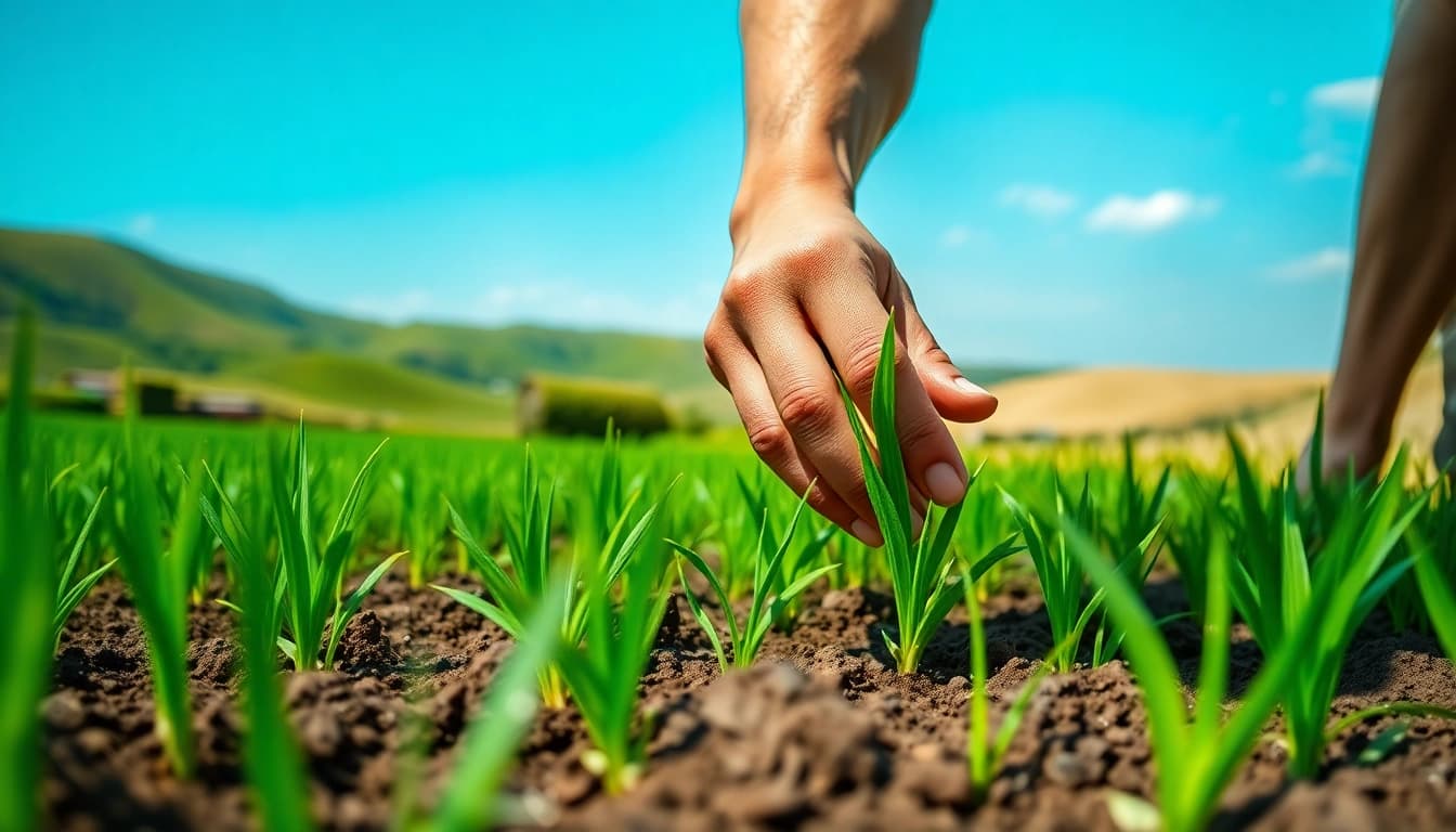 Menggambarkan petani toto yang sedang menanam di ladang hijau subur.