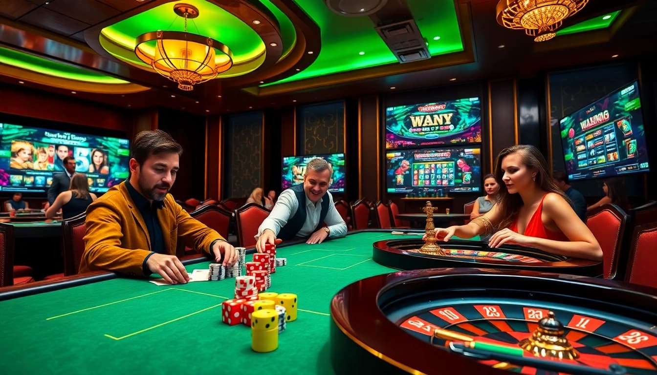 Players enjoying high-stakes games at a vibrant casino, featuring https://32win11.net/ gambling atmosphere.