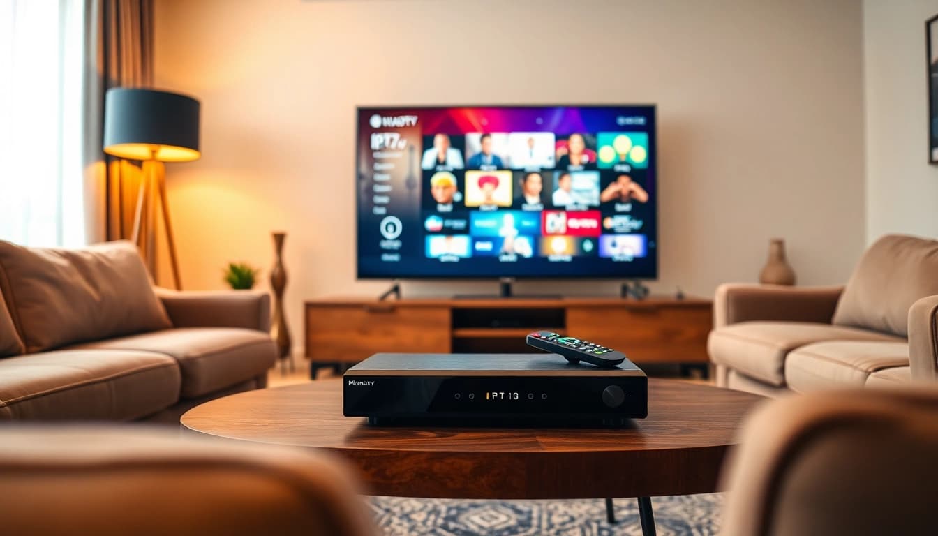 Comprar iptv en un moderno salón con una televisión de pantalla plana mostrando gráficos vibrantes.