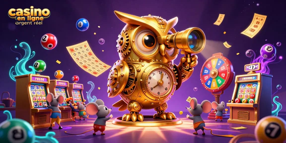 Jouez au casino en ligne argent réel avec des ballons de loterie colorés et un hibou mécanique.