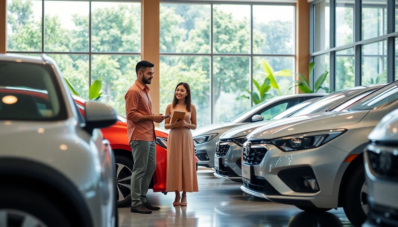Car rental at Kuching with friendly staff assisting eager travelers at a modern rental office.