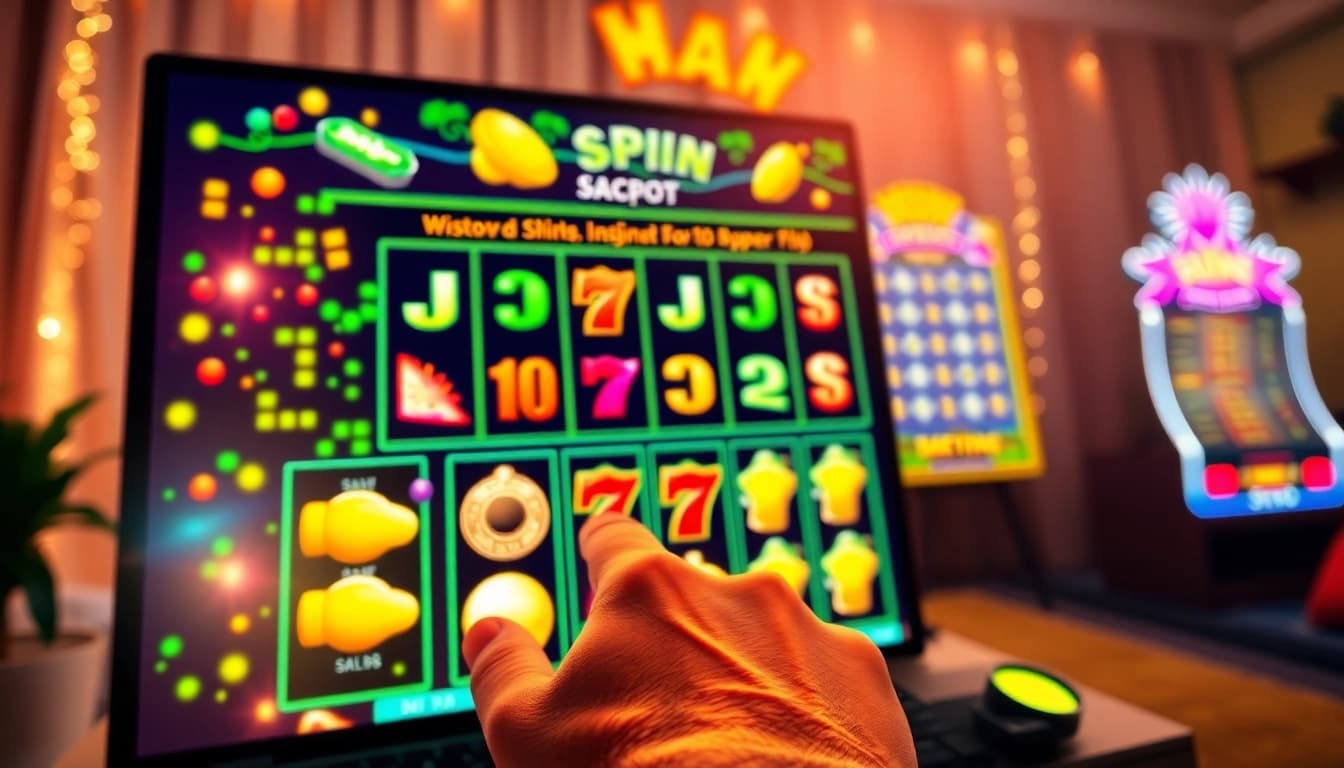 Bermain slot gacor dengan tangan pemain yang mencapai tombol putar di latar belakang slot berwarna-warni.