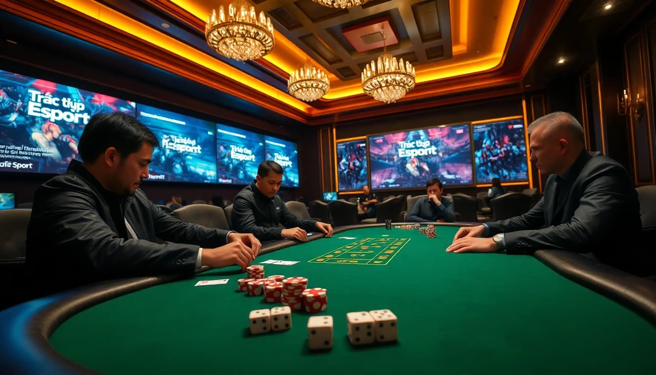 Intense poker competition with esports backdrop featuring Trực tiếp Esport and vibrant match displays.