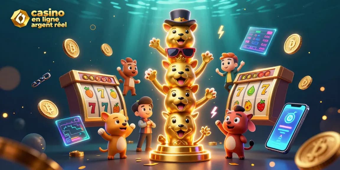 Plongez dans l'univers captivant du casino en ligne argent réel avec des symboles emblématiques et des pièces Bitcoin.