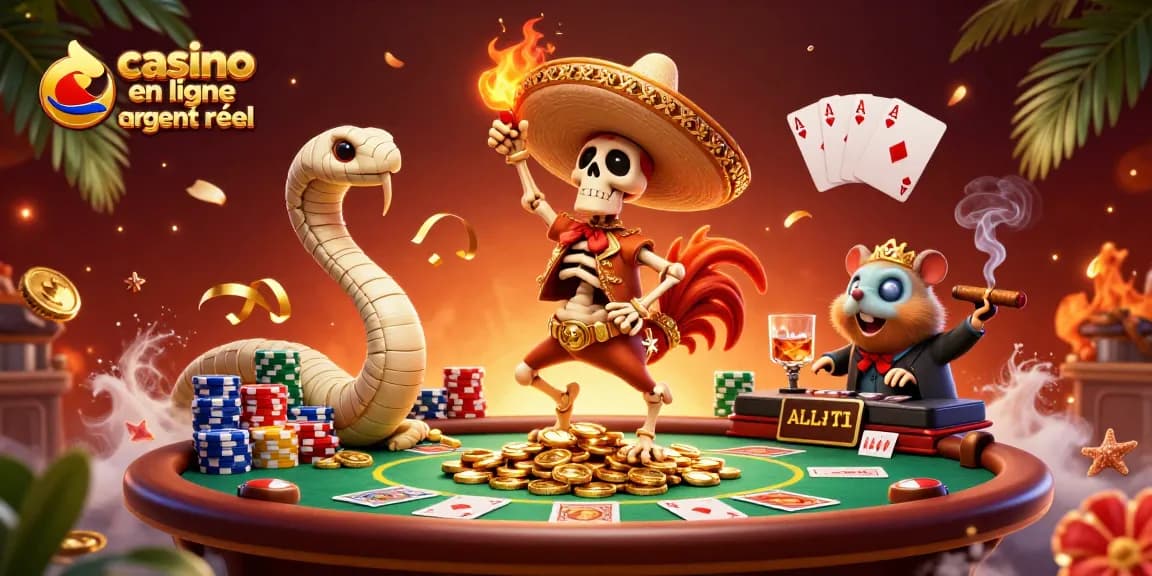 Vibrez avec l'illustration dynamique du casino en ligne argent réel, mettant en scène un DJ hamster zombie jouant dans une fête de poker.
