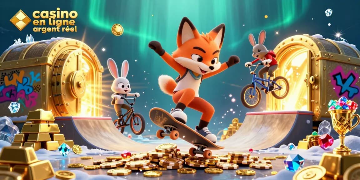 Une illustration 3D de casino en ligne argent réel avec un renard skateur et un lapin BMX au milieu d'une scène dynamique.