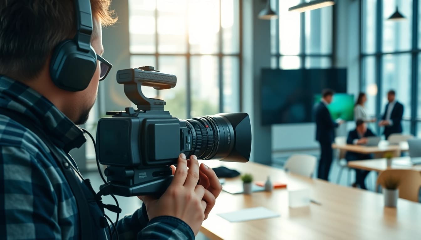 Showcasing corporate video production Calgary with a videographer at work in a modern office.