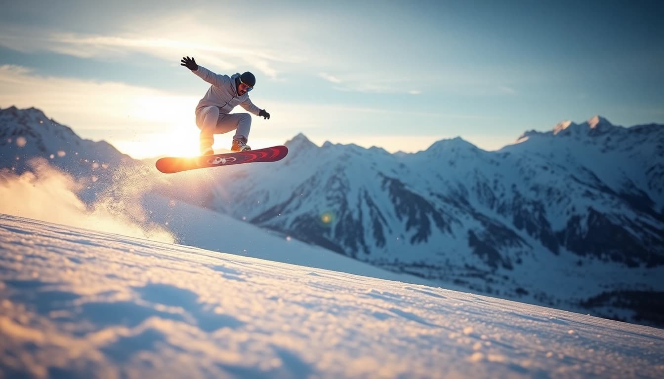 Snowboarder mid-air performing a trick against a beautiful mountain backdrop.