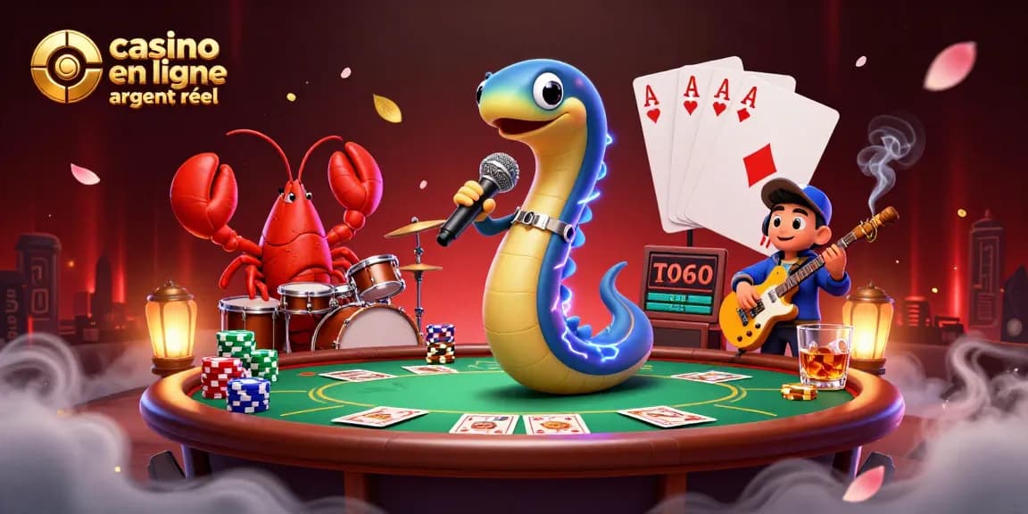 Une illustration de casino en ligne argent réel avec des personnages animés et des éléments de jeu colorés.