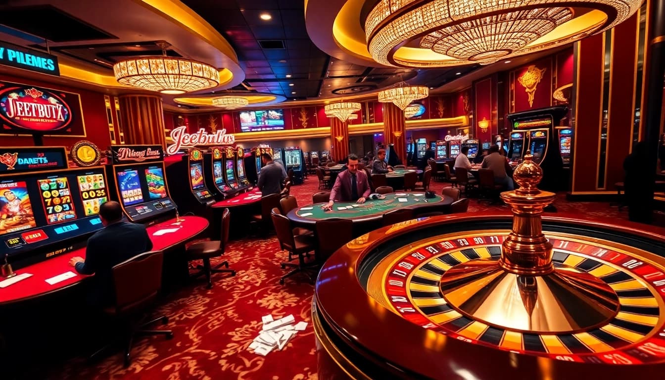 Engaging Jeetbuzz live net casino scene with vibrant tables, slot machines, and roulette wheels.