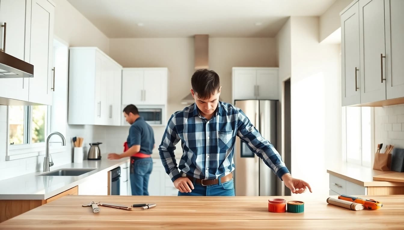 Revamping a home renovation project in a modern kitchen with stylish design elements.