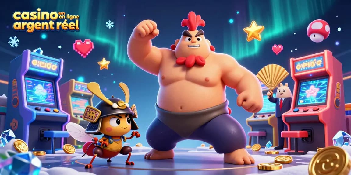 Une illustration animée immersive du casino en ligne argent réel avec un coq sumo, un criquet samouraï et un tanuki annonçant des jeux.