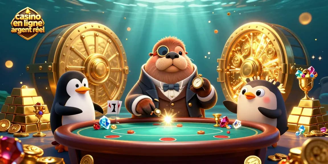 Table de poker animée sous-marine avec des personnages pétillants et des trésors, casino en ligne argent réel en vedette.