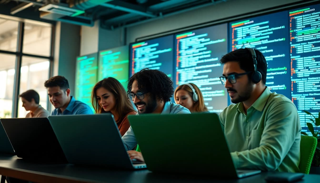 Hire .Net developers engaged in collaborative coding within a modern office setting.