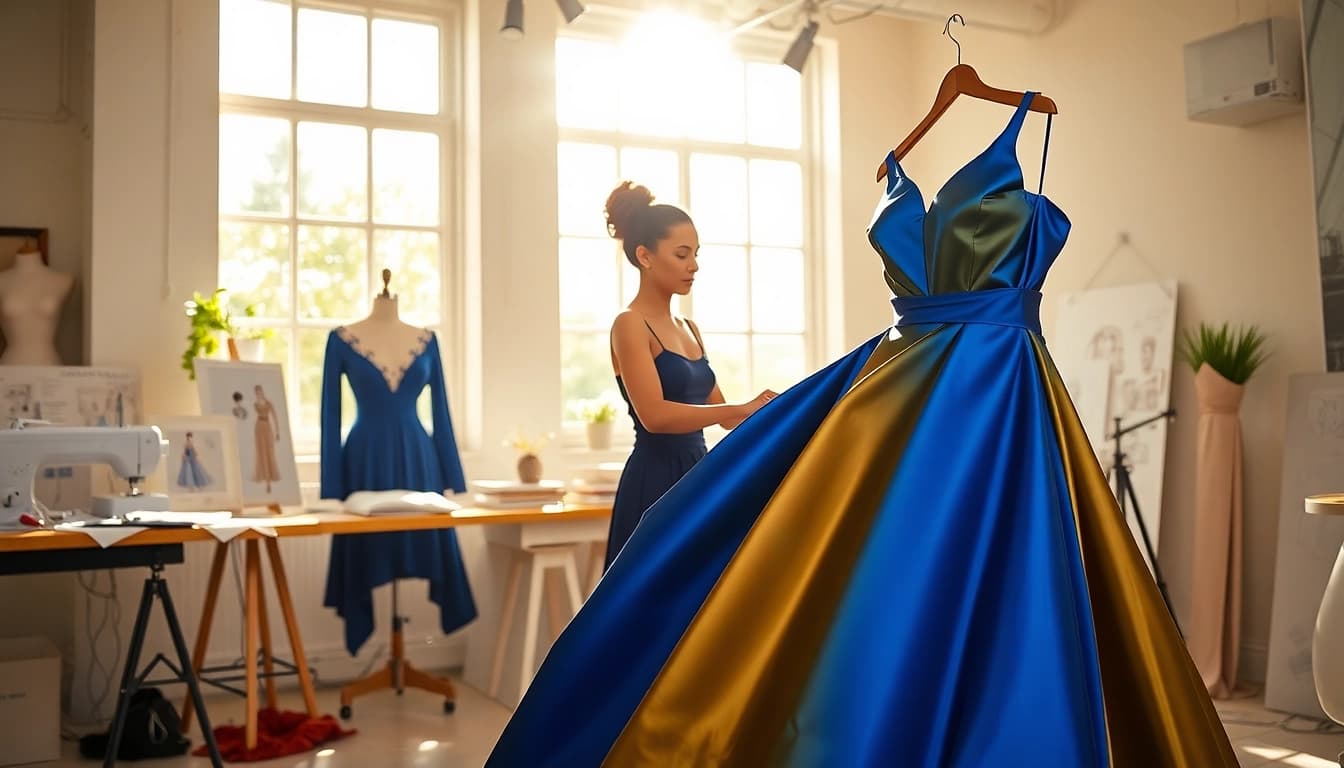 Designing a unique Fashion gown in a vibrant studio, showcasing colorful fabrics and creativity.