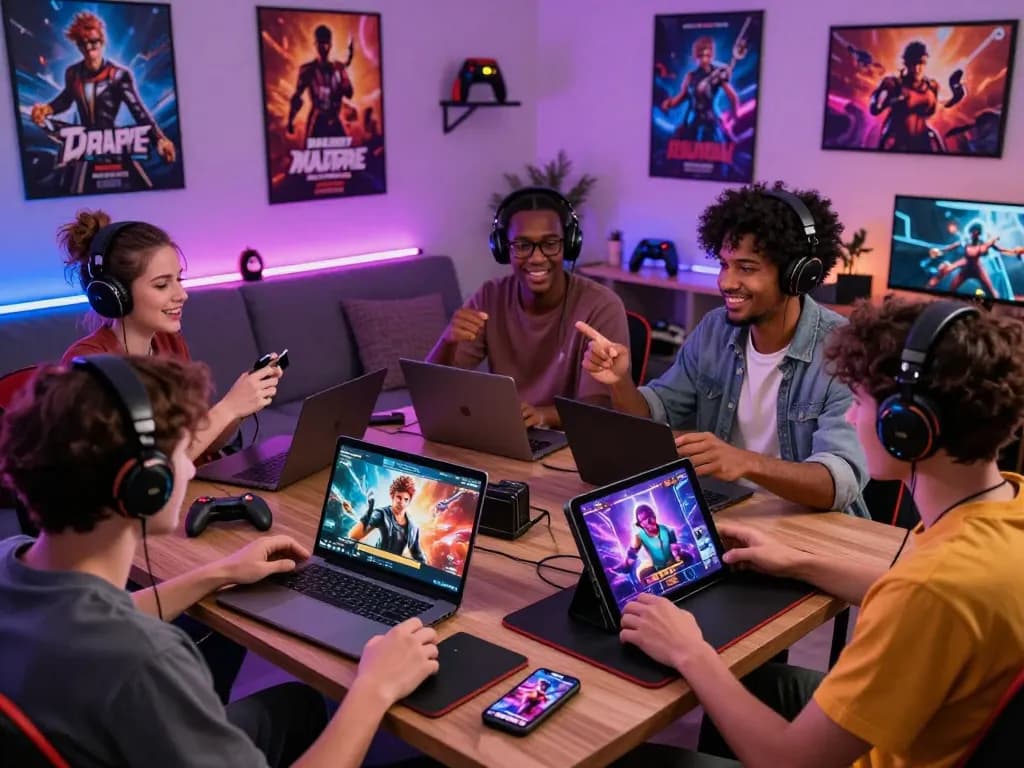 Engaged players enjoying a sex simulator game on various devices in a cozy gaming room.