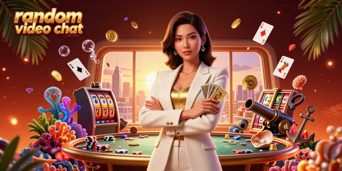Experience the excitement of random video chat with an elegant Asian woman showcasing casino elements and vibrant details.
