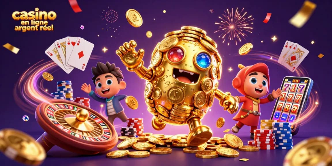 Jouez au casino en ligne argent réel avec un golem en or et une ambiance festive dynamique.