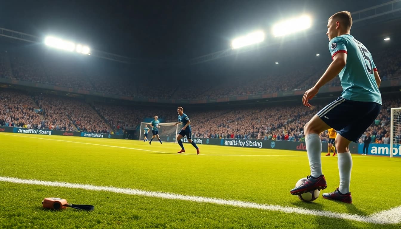 Catch the excitement and energy of ฟุตบอลคืนนี้ as players compete fiercely in a packed stadium.