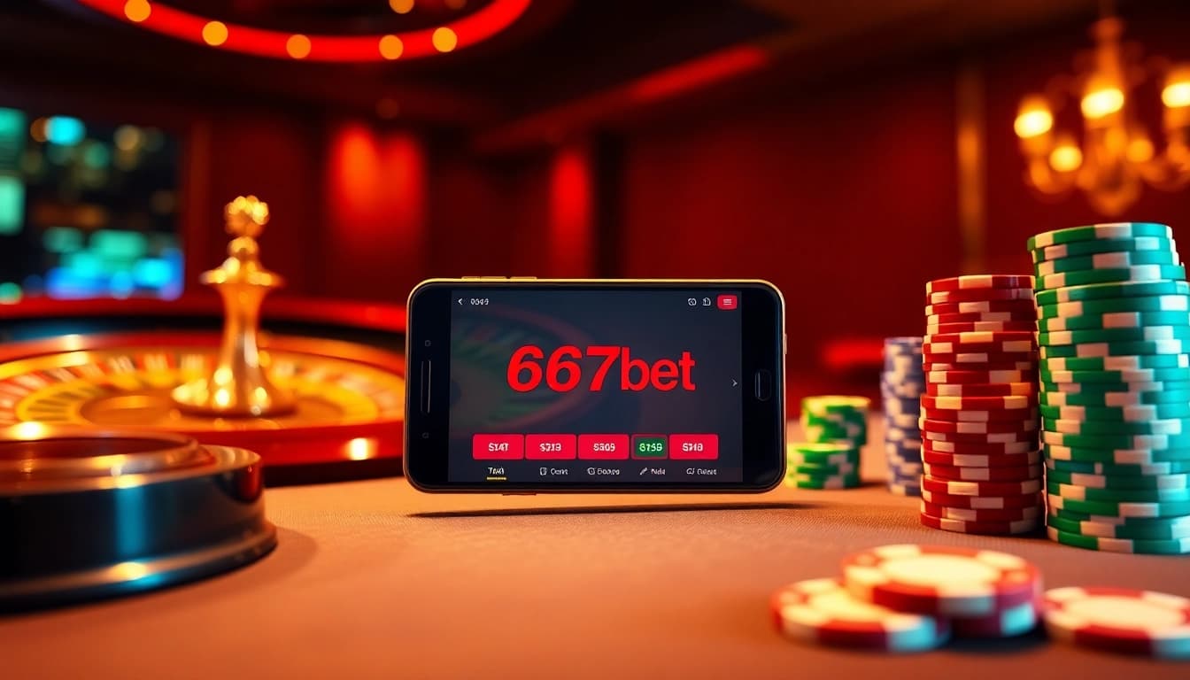 Experience the thrill of the 667bet App with dynamic casino elements like roulette and poker chips.