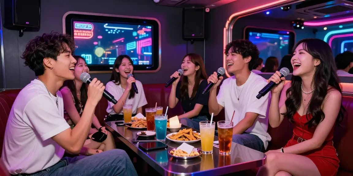 강남가라오케의 고급스러운 분위기에서 친구들과 함께 노래를 부르며 즐기는 모습, gangnamtune.com/에서 제공하는 정보를 탐색하세요.
