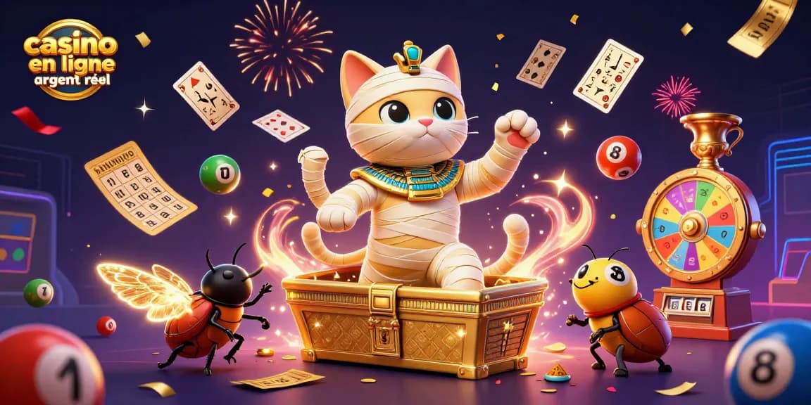 Jouer à des jeux de casino en ligne argent réel tout en s'émerveillant devant un chat momie égyptien.