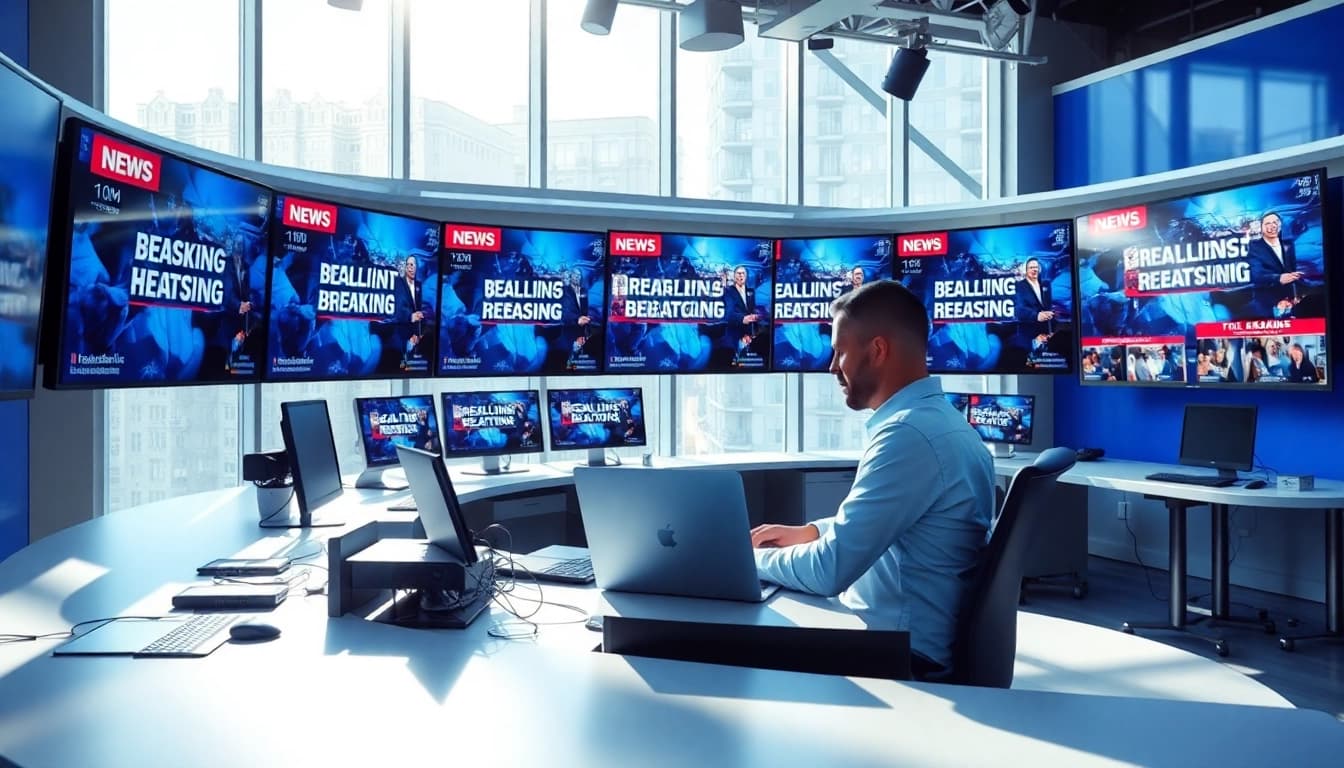 Journalist reporting live news in a modern newsroom with multiple screens.