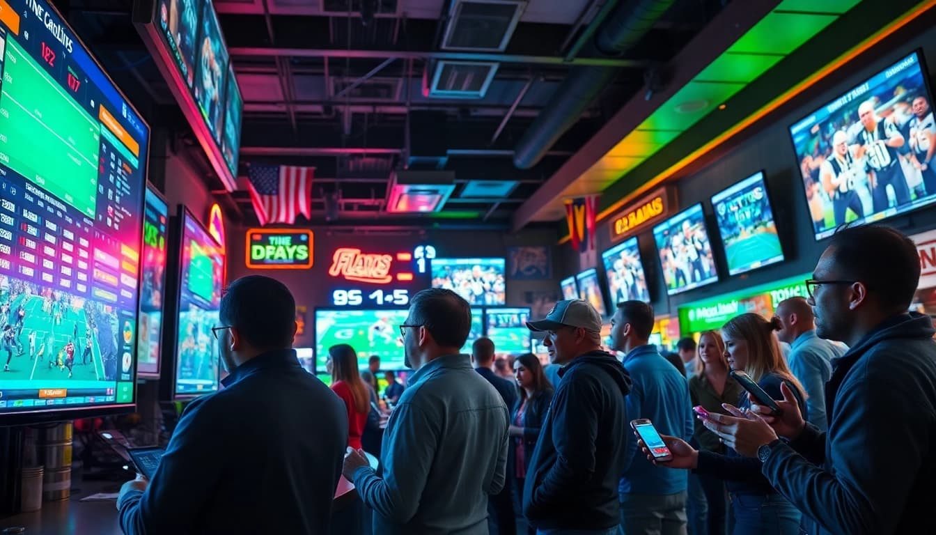 Engaging scene of sports betting in South Carolina with bettors using mobile apps in a lively environment.