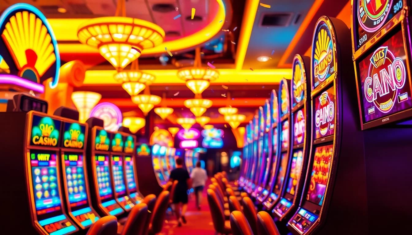 Rayakan kemenangan bbni4d di kasino dengan mesin slot berwarna-warni dan suasana ceria.