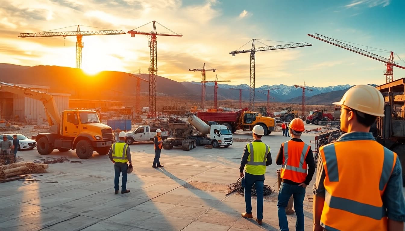 Workers constructing a site for colorado construction news with teamwork and machinery under golden hour light.