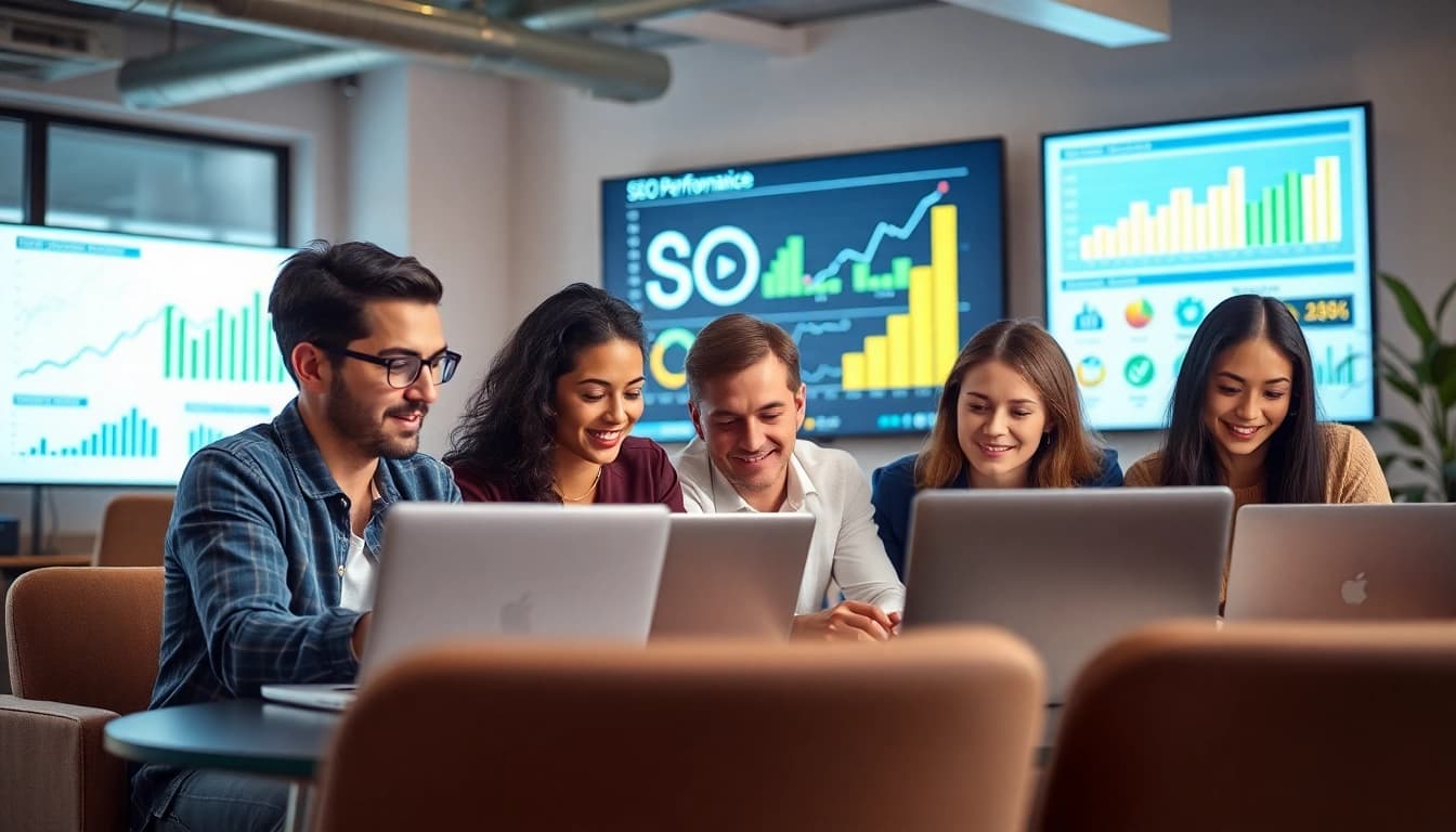 Team collaborates on SEO strategies in a modern office setting, showcasing effective digital marketing.