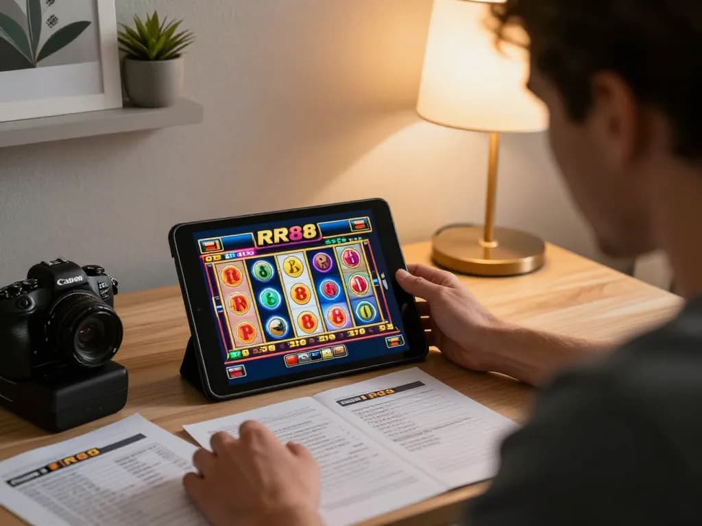 Player engages with RR88 online slots on a tablet, capturing the thrill of virtual gaming.