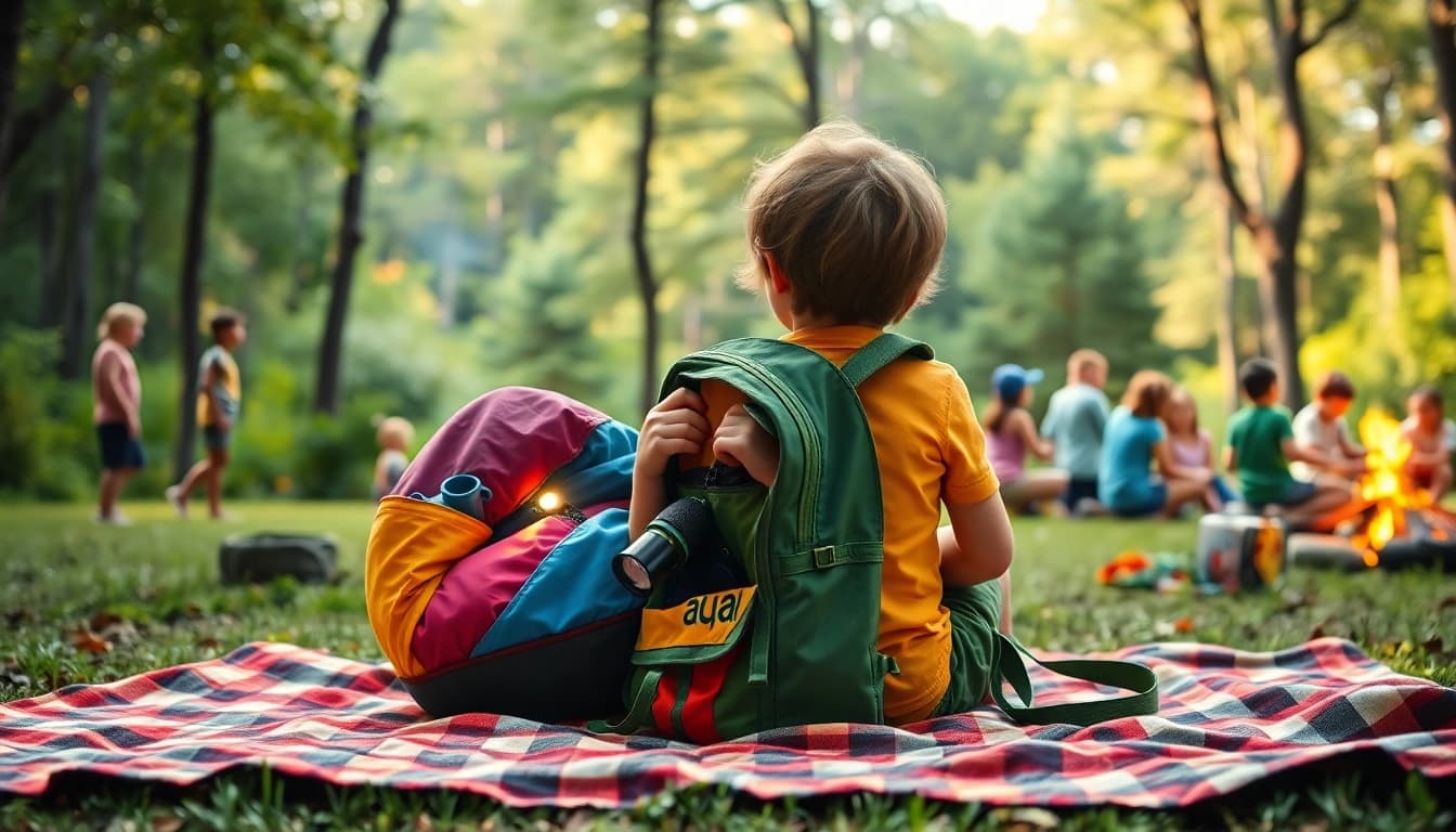 Child joyfully preparing for their 1st time at overnight camps with colorful gear.