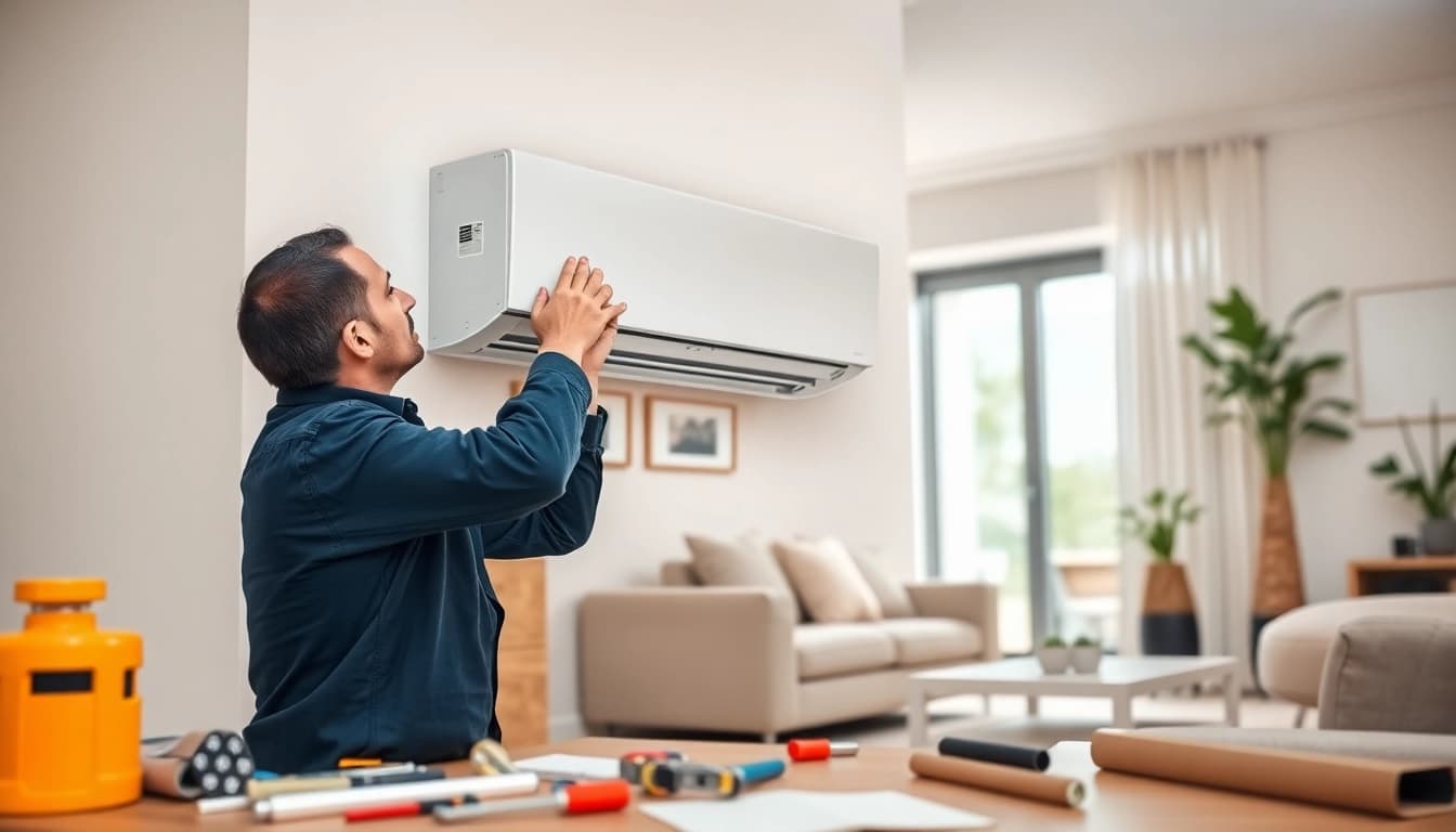 Technician installing a mini split ac unit in a well-decorated room