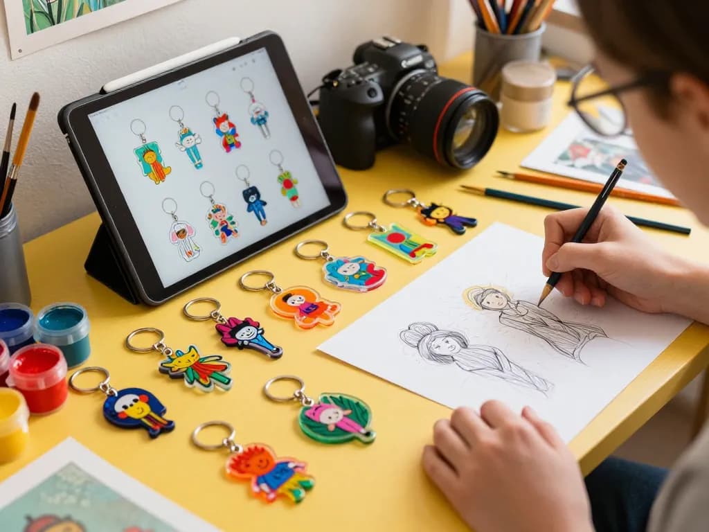 Custom acrylic keychains in a vibrant artist’s workspace, showcasing creativity and personalization.