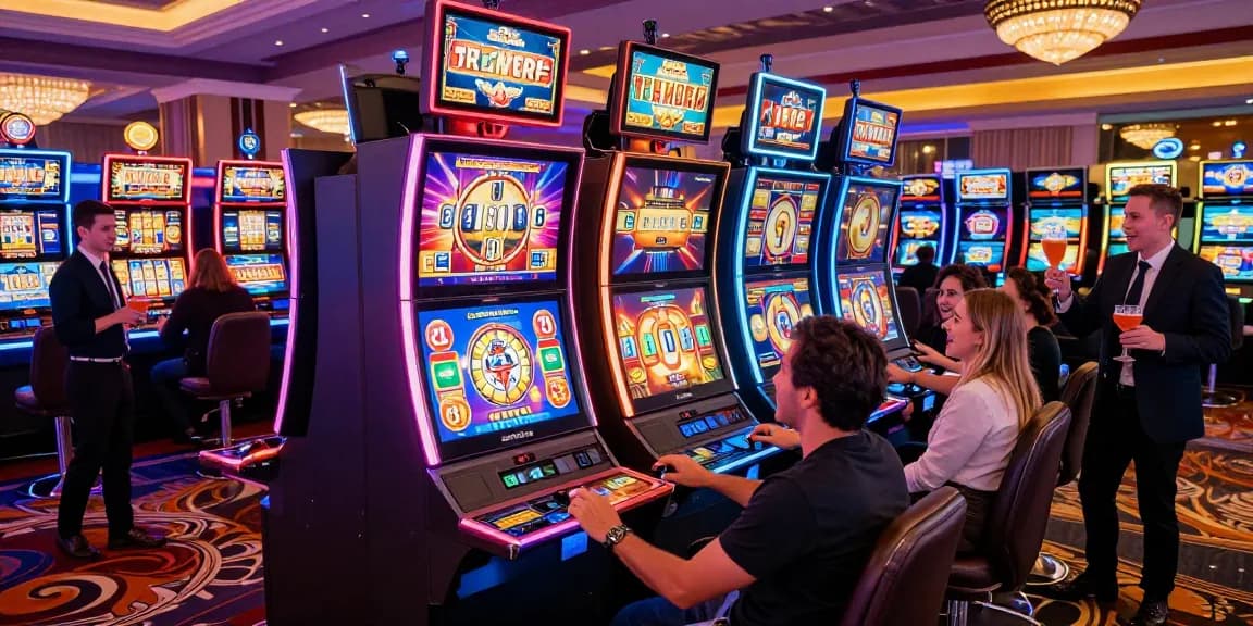 Excited players at slot machines in a vibrant casino environment showcasing dynamic gaming and colorful themes.