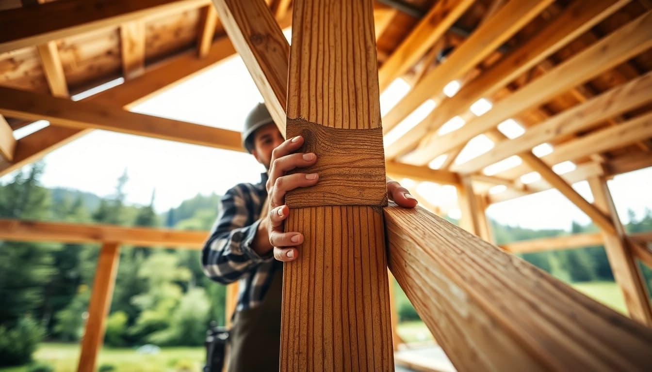 Craftsman demonstrating timber frame solutions in a natural setting, focusing on craftsmanship and detail.